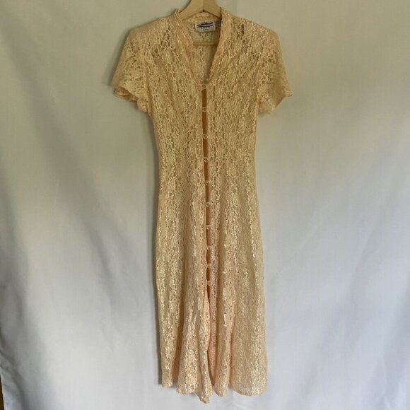 CW Rose petites vintage lace sheer dress lace up back button down shoulderpads